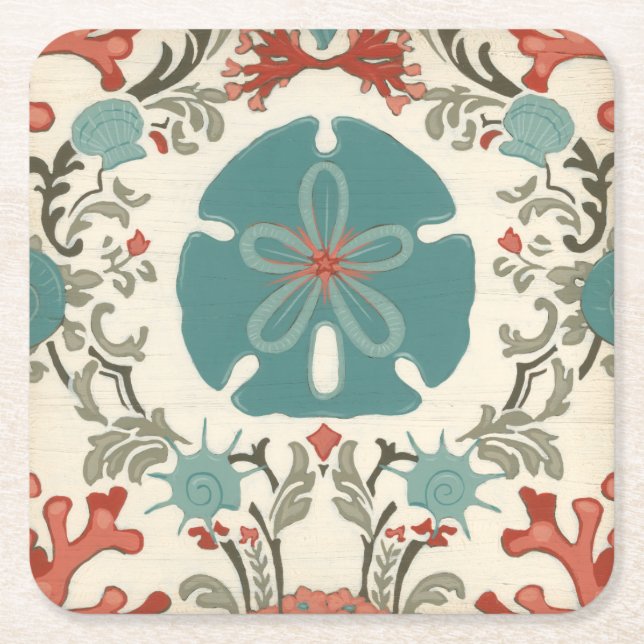 Coastal Damask II Square Paper Coaster (Front)