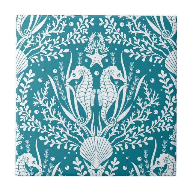 Coastal Damask Seahorses Ocean Teal Blue White Tile (Front)