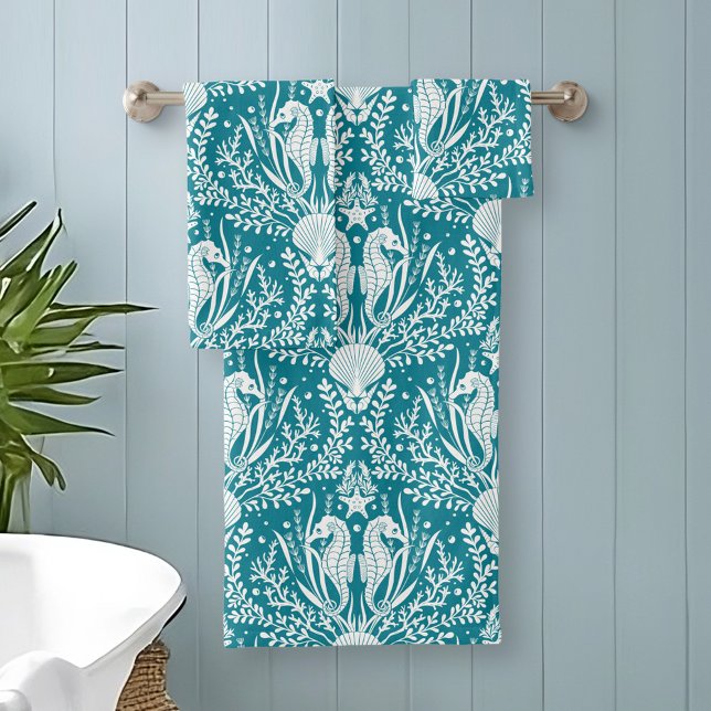 Coastal Damask Seahorses Teal Blue White Pattern Bath Towel Set (Creator Uploaded)