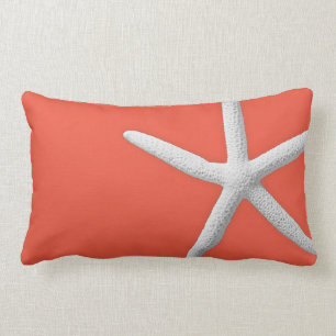 Coastal Dark Coral Tropical White Starfish Beach Lumbar Pillow