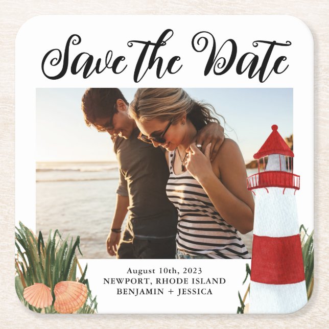 Coastal Destination Wedding Photo Save the Date Square Paper Coaster (Front)