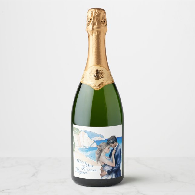 Coastal Destination Wedding Sparkling Wine Label (Front)