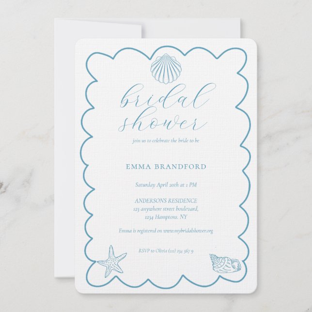 Coastal Doodle Blue White Bridal Shower  Invitation (Front)