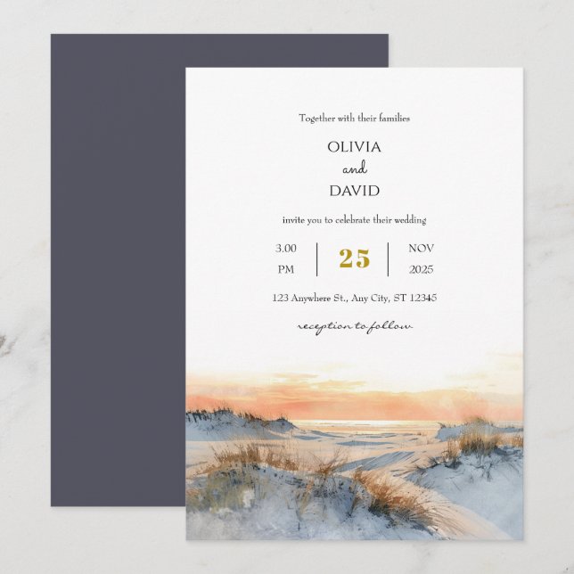Coastal Dunes Golden Sunset Evening Beach Wedding  Invitation (Front/Back)