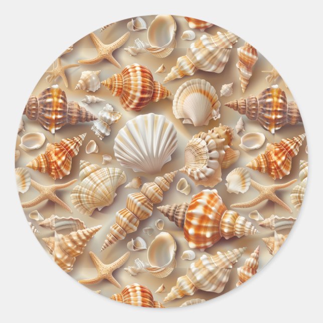 Coastal Elegance Seashell Pattern Classic Round Sticker (Front)