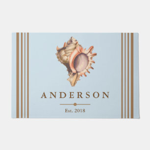 Coastal Elegant Conch Shell & Blue Personalized Doormat