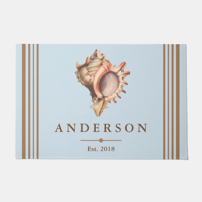 Coastal Elegant Conch Shell & Blue | Personalized Doormat (Front)