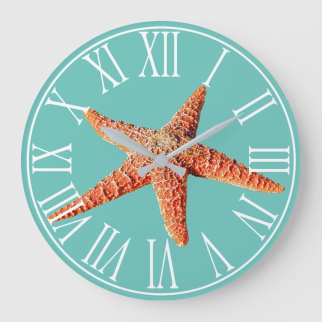 Coastal Elegant Sea Green & Orange Starfish Large Clock (Front)
