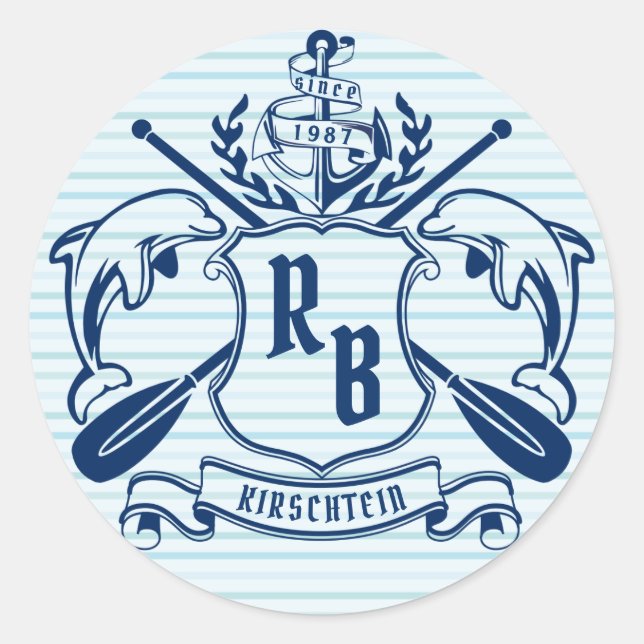 Coastal Emblem Dolphins Anchor Oar Shield Nautical Classic Round Sticker (Front)