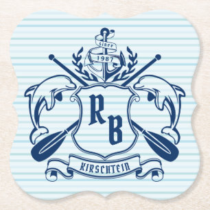 Coastal Emblem Dolphins Anchor Oar Shield Nautical Paper Coaster