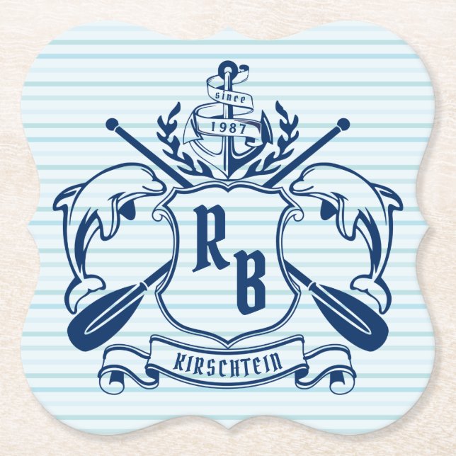 Coastal Emblem Dolphins Anchor Oar Shield Nautical Paper Coaster (Front)