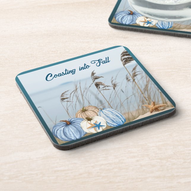 Coastal Fall Blue and White Pumpkins and Starfish  Coaster (Left Side)