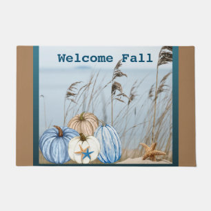 Coastal Fall Blue and White Pumpkins and Starfish  Doormat