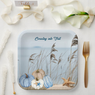 Coastal Fall Blue and White Pumpkins and Starfish Paper Plate