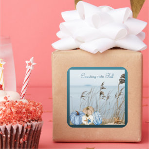 Coastal Fall Blue and White Pumpkins and Starfish  Square Sticker