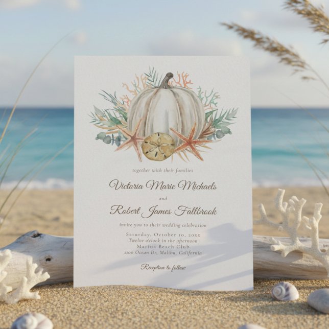 Coastal Fall Pumpkin Seashell Wedding Invitation (Creator Uploaded)