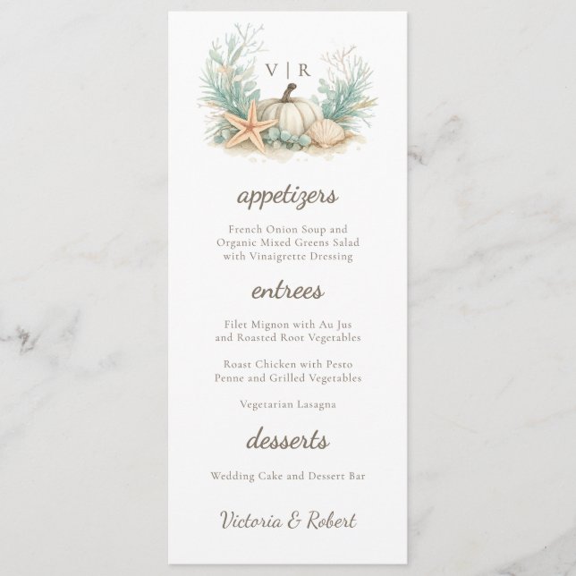 Coastal Fall Pumpkin Seashell Wedding  Menu (Front)