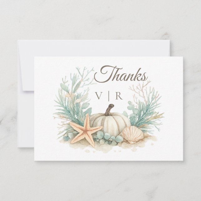 Coastal Fall Pumpkin Seashell Wedding Thank You Card (Front)