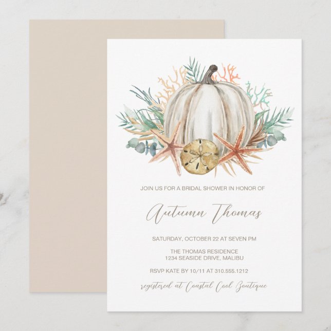 Coastal Fall Pumpkin & Seashells Bridal Shower  Invitation (Front/Back)