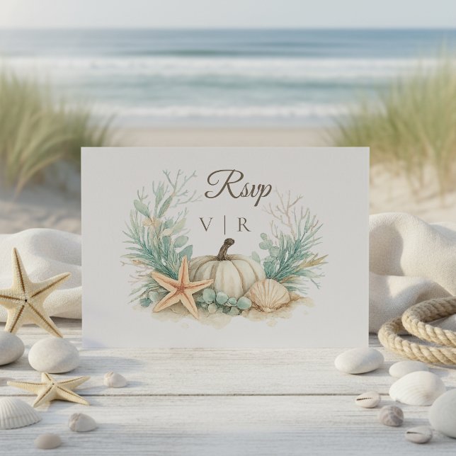Coastal Fall Seashell Pumpkin Wedding  RSVP Card (Creator Uploaded)
