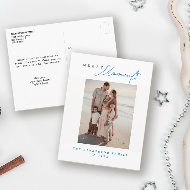 Coastal Family Beach vacation Custom Holiday Photo Postcard (Modern, minimal, blue Merry moments coastal vibe beach holiday christmas family photo card)