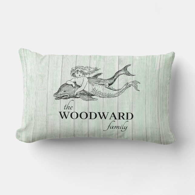 Coastal Family Name Aqua Wood Mermaid Dolphin Lumbar Pillow (Front)