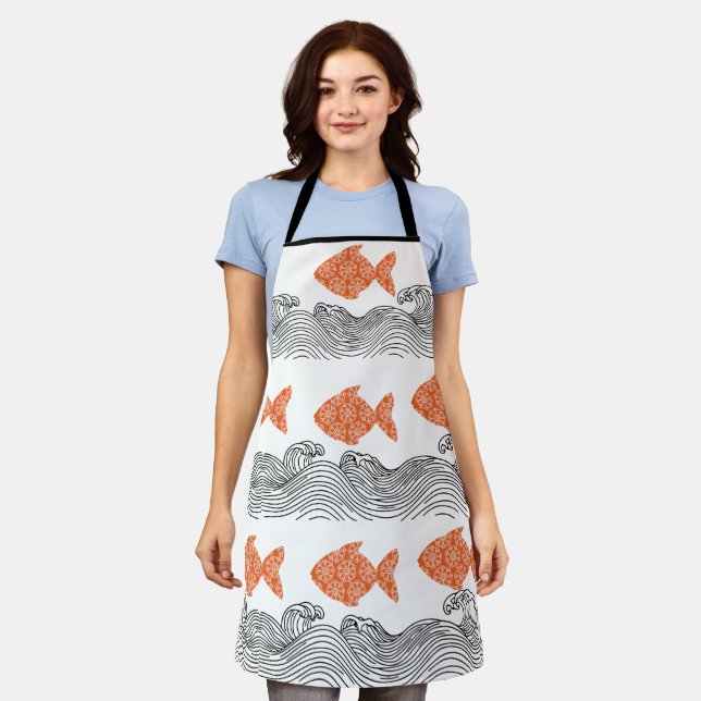 Coastal Fish and Waves Apron (Worn)