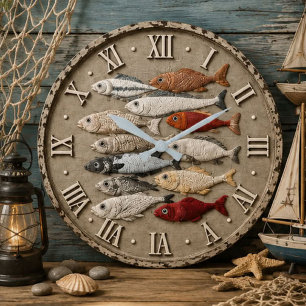 Coastal Fish Nautical Beach House Rustic Fishing Large Clock