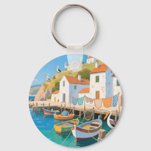 Coastal Fishing Village Pelicans Keychain