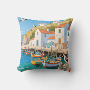 Coastal Fishing Village Pelicans Throw Pillow