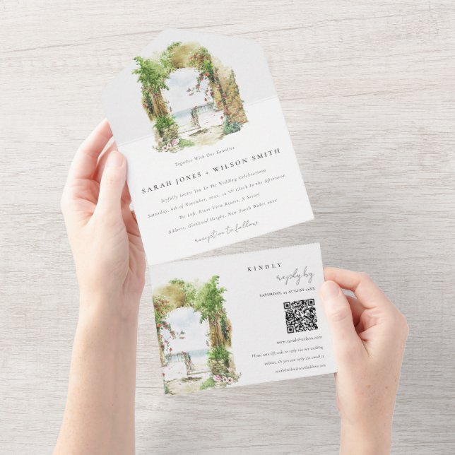 Coastal Floral Arch Beach Seascape Wedding QR Code All In One Invitation (Tearaway)