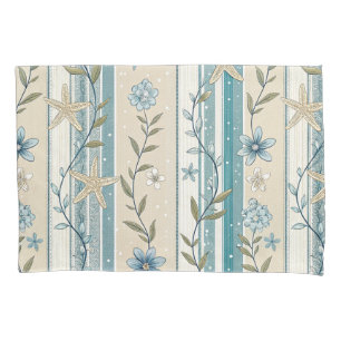 Coastal Floral Stripe Aqua Beige Elegance Design Pillowcase
