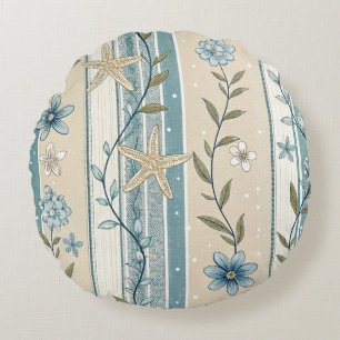 Coastal Floral Stripe Aqua Beige Elegance Design Round Pillow