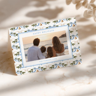 Coastal Garland Blue Gold Pattern Photo Folded Holiday Card