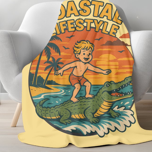 Coastal Gator Alligator Surfing | Retro Surf Beach Fleece Blanket (Creator Uploaded)