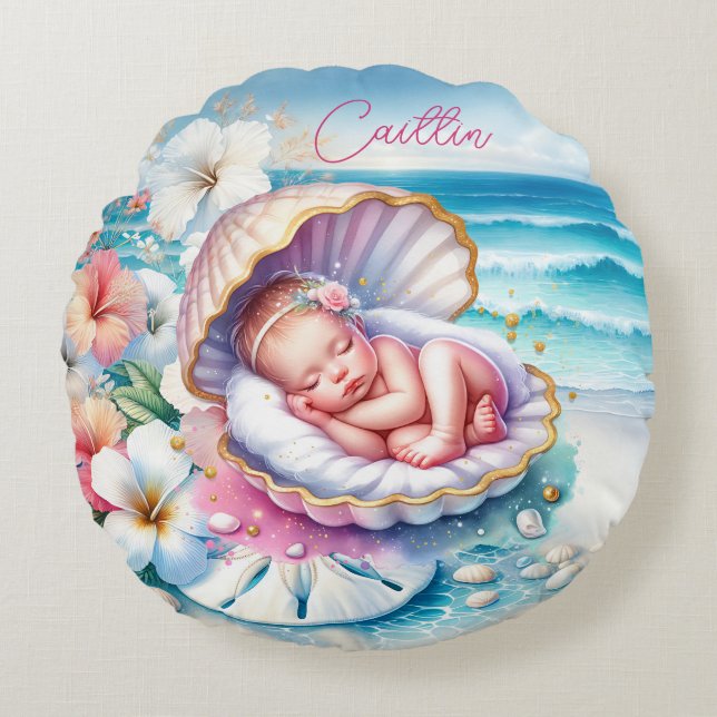 Coastal Girl's Baby Shower Personalized Round Pillow (Front)