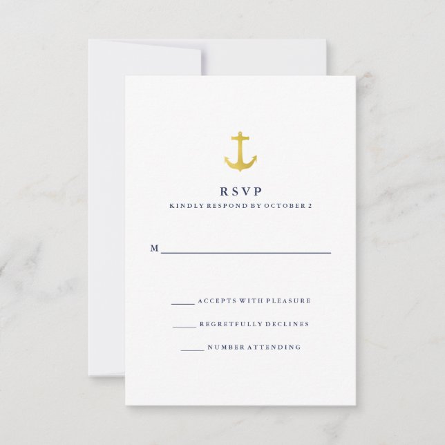 Coastal Glamour | Gold Anchor and Navy Blue RSVP (Front)