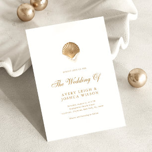 Coastal Gold Seashell & Pearls Beach Wedding Invitation