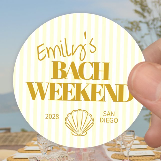 Coastal Gold Striped Bach Weekend Shell Classic Round Sticker (Creator Uploaded)