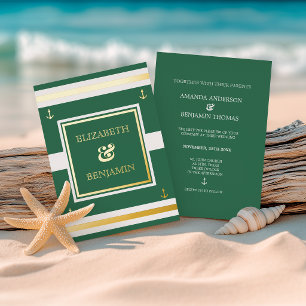 Coastal Gold White Green Stripes Nautical Wedding