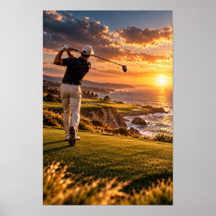 Coastal Golf Sunset Wall Art – Golfer Swinging at 