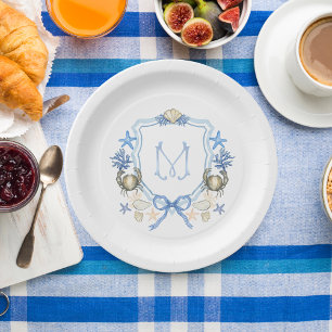 Coastal Grandmillenial Crab Calligraphy Monogram Paper Plate