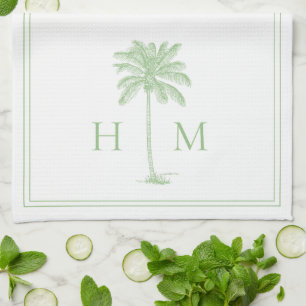 Coastal Green and White Palmetto Palm Monogram Kitchen Towel
