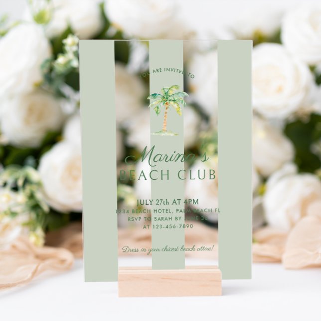 Coastal Green Cabana Stripes Palm Beach Birthday Acrylic Invitations (Creator Uploaded)