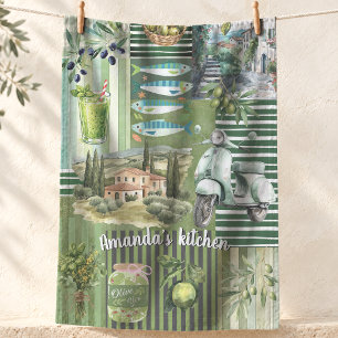 Coastal Green Mediterranean Lemon Citrus Collage Kitchen Towel