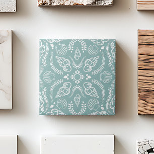 Coastal Green & White Seashell Modern Pattern Tile