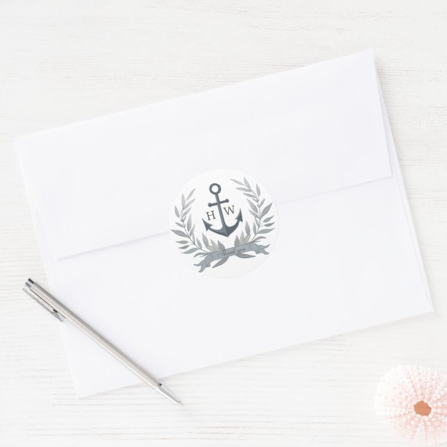 Coastal grey wedding thank you classic round sticker (Envelope)
