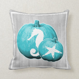 Coastal Grey Wood & Blue Beach Pumpkins Throw Pillow
