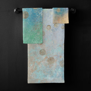 Coastal Grunge   Bue and Green Watercolor Gold Dot Bath Towel Set