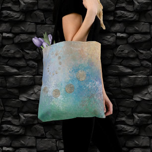 Coastal Grunge   Bue and Green Watercolor Gold Dot Tote Bag